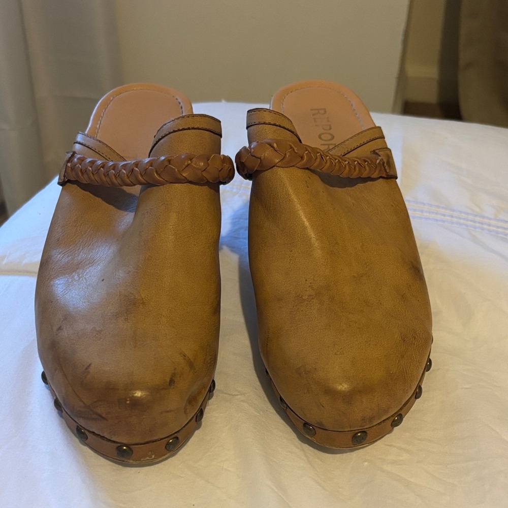 Brown Leather Clogs with Braided Strap